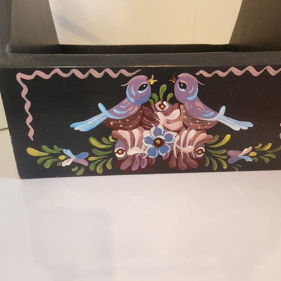 Vintage Painted Black Birds Wood Caddy Storage Basket Farmhouse Decor Cottage - Picture 2 of 9